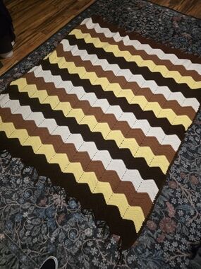 Vintage 1970s Handmade Crochet Chevron Afghan Blanket Brown Yellow White 64x74